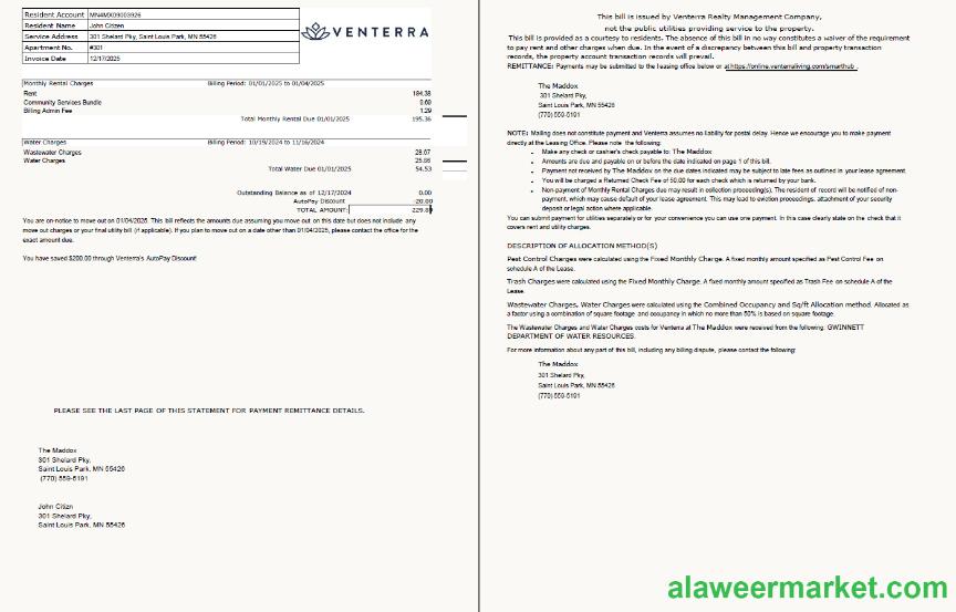 USA Venterra utility bill template in Word and PDF formats, 2 pages